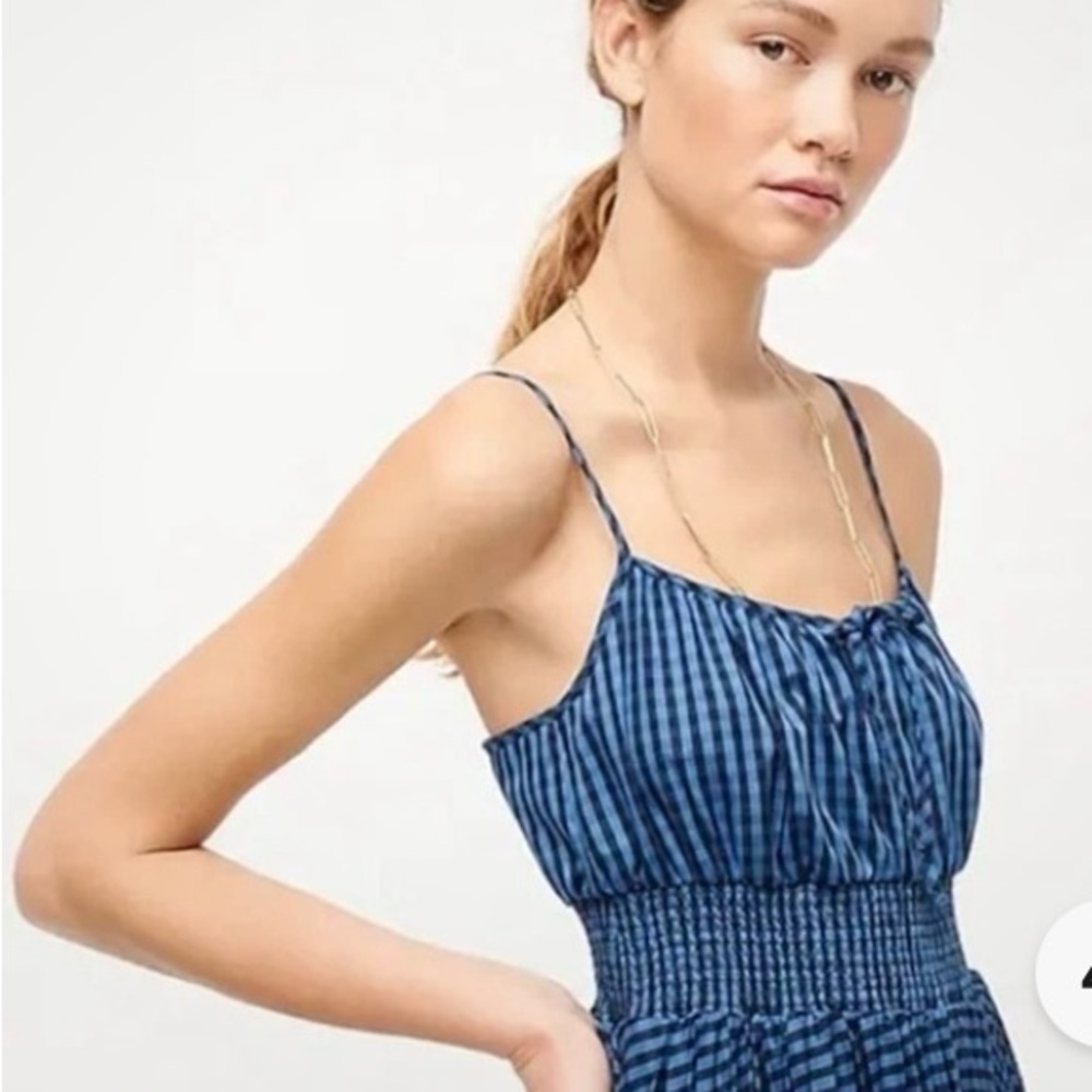 J. Crew Sz 2 Smocked Waist Pleated Gingham Blue Dress With Pockets